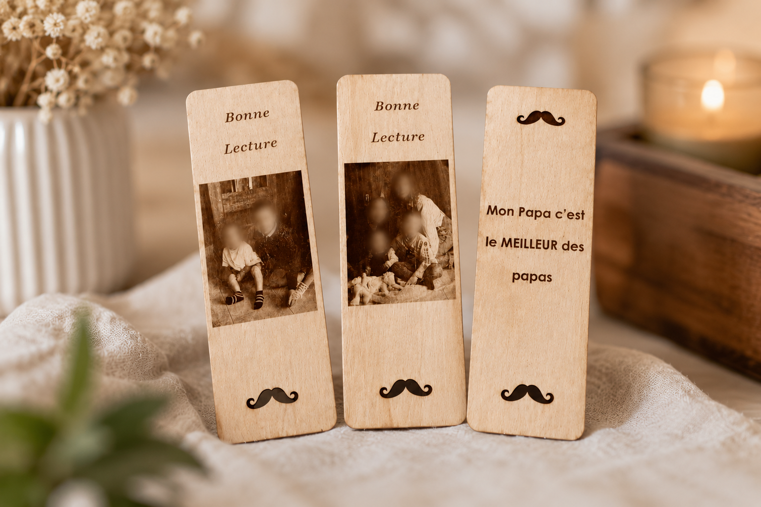 Marque-pages personnalisés en bois – Gravure laser photo & texte
